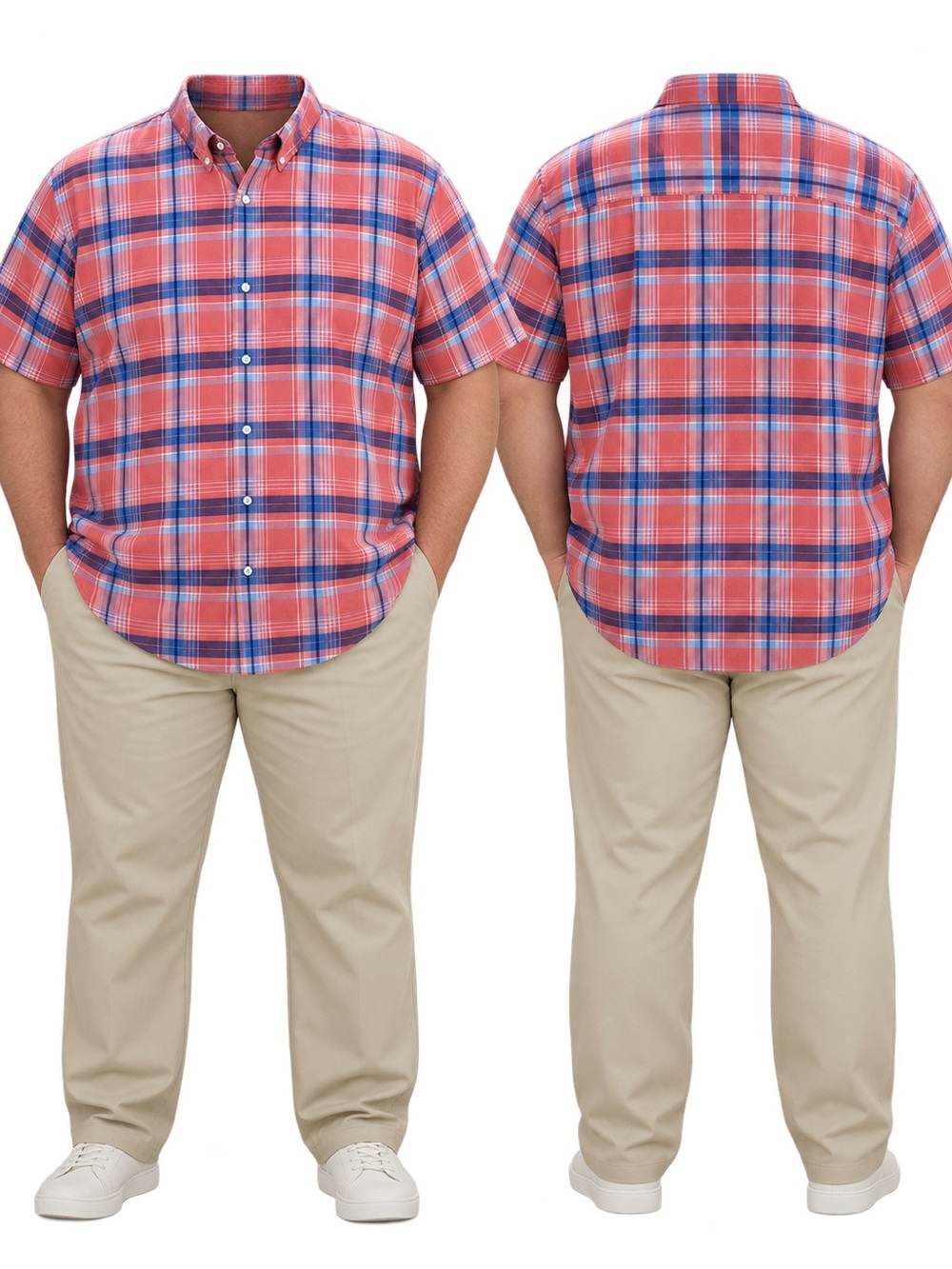 Men’s St. John's Bay Coral and Blue Short-Sleeve Plaid Button-Down Shirt